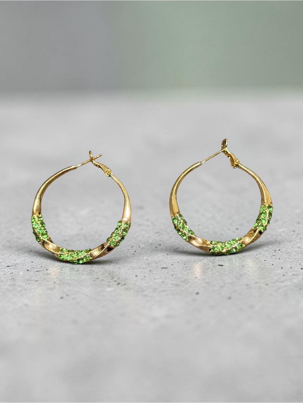 14k Gold Plated Hoop Earrings with Green Cubic Zirconia Accents
